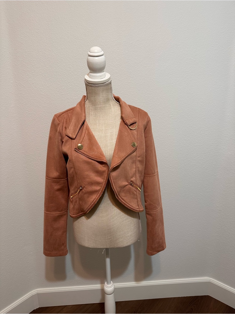 mine Pink Suede-Effect Cropped Moto Jacket